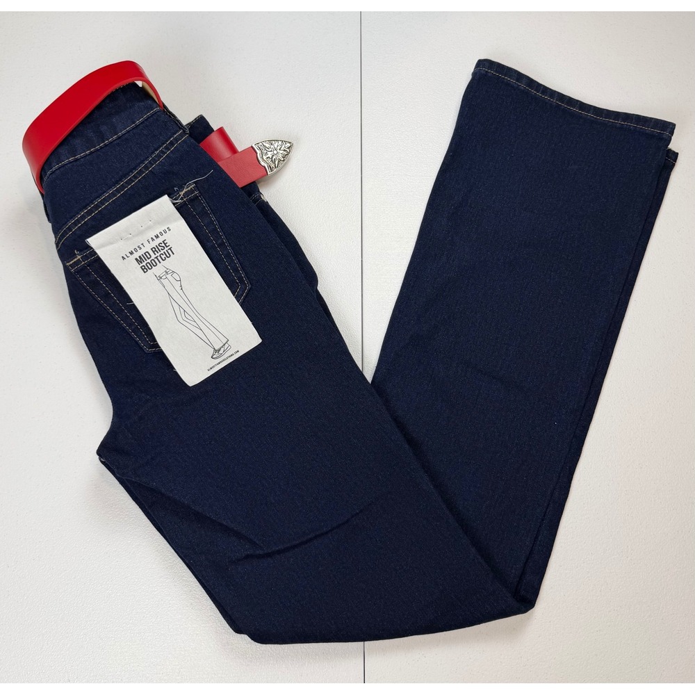 Almost Famous Juniors Mid Rise Bootcut Jeans Dark Wash Red Belt Size 1 NEW